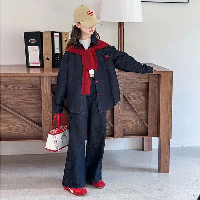 天才小熊休闲运动套装 女童春秋季披肩牛仔大童潮牌小孩衣服 小女孩短袖洋气时髦 舒适帅气轻便