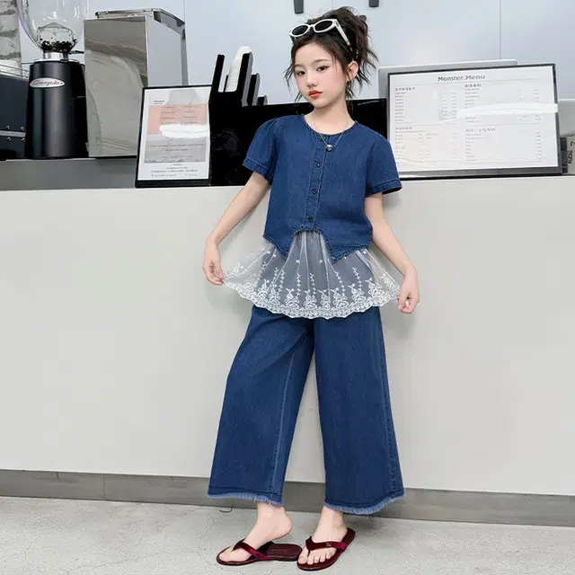 天才小熊休闲运动套装 女童夏季大童潮牌小孩衣服 小女孩 蕾丝牛仔 洋气时髦 漂亮 甜美舒适