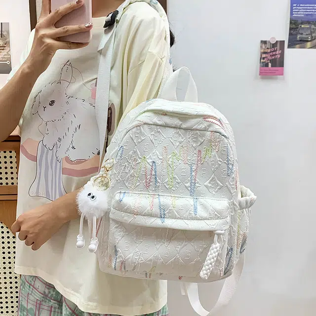 天才小熊 书包女初中高中小学生休闲旅行 经典时尚小众设计 高级感 拉链开合 布 双肩包 常规 白色