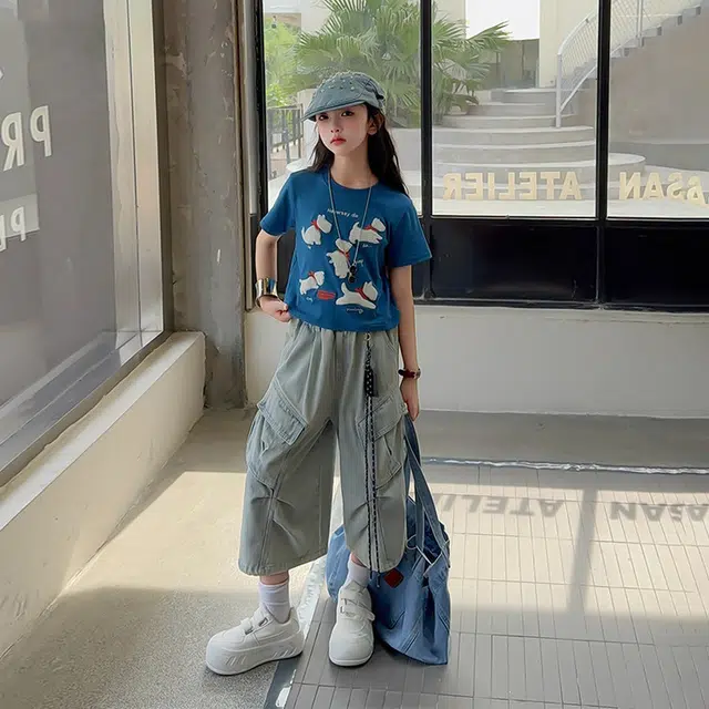 天才小熊牛仔套装 女童夏季大童潮牌运动小孩衣服 小女孩短袖洋气时髦 漂亮 甜美