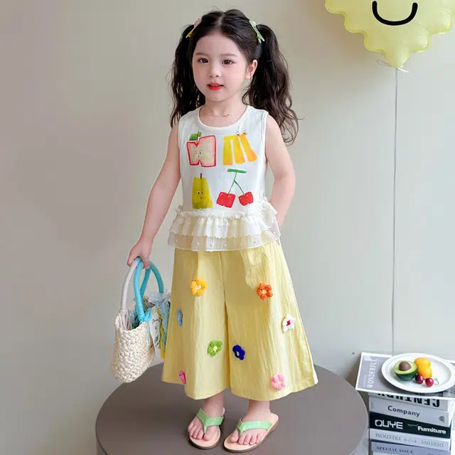 天才小熊休闲运动套装 女童夏季大童潮牌小孩衣服 小女孩水果印花 短袖洋气时髦 漂亮 甜美