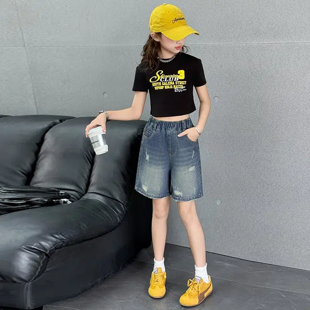 天才小熊女童夏季运动裤大童潮牌小孩衣服 青少年 破洞牛仔短裤  洋气时髦 韩版直筒板儿童运动裤 青少年