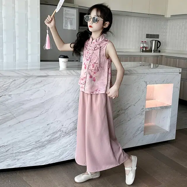 天才小熊汉服套装 女童夏季大童运动小孩衣服 小女孩 青少年旗袍盘口中国风洋气时髦 漂亮 甜美