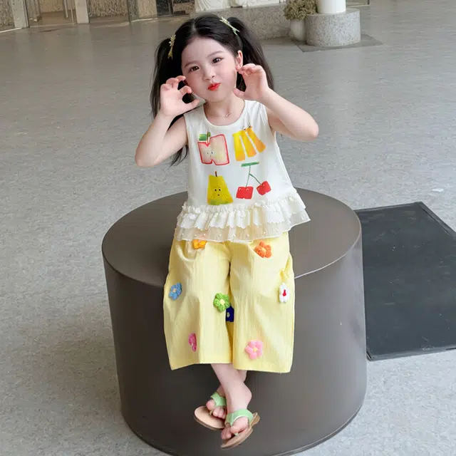 天才小熊休闲运动套装 女童夏季大童潮牌小孩衣服 小女孩水果印花 短袖洋气时髦 漂亮 甜美