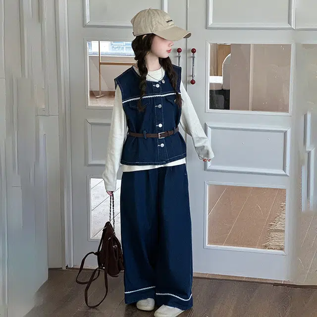 天才小熊休闲运动套装 女童春秋季牛仔马甲大童潮牌小孩衣服 小女孩短袖洋气时髦 舒适帅气轻便