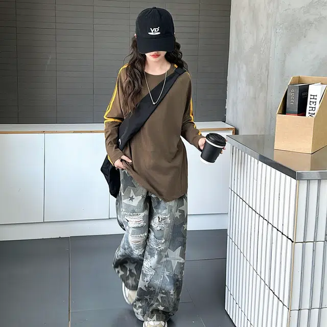 天才小熊休闲运动套装 女童春秋季牛仔破洞裤大童潮牌小孩衣服 小女孩短袖洋气时髦 舒适帅气轻便