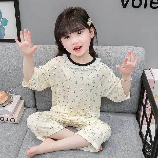 天才小熊家居服套装 女童夏季圆领花边小熊大童休闲小孩衣服 小女孩居家外穿 睡衣洋气时髦 漂亮 甜美