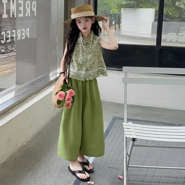 天才小熊休闲运动套装 女童夏季大童潮牌小孩衣服 小女孩碎花衬衣短袖洋气时髦 漂亮 甜美