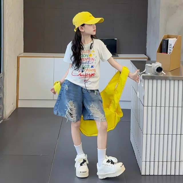 天才小熊休闲运动套装 女童夏季大童潮牌小孩衣服 小女孩印花短袖洋气时髦 漂亮 甜美