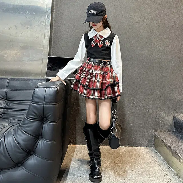 天才小熊休闲运动套装 女童春秋季红领结大童潮牌小孩衣服 小女孩短袖洋气时髦 舒适帅气轻便