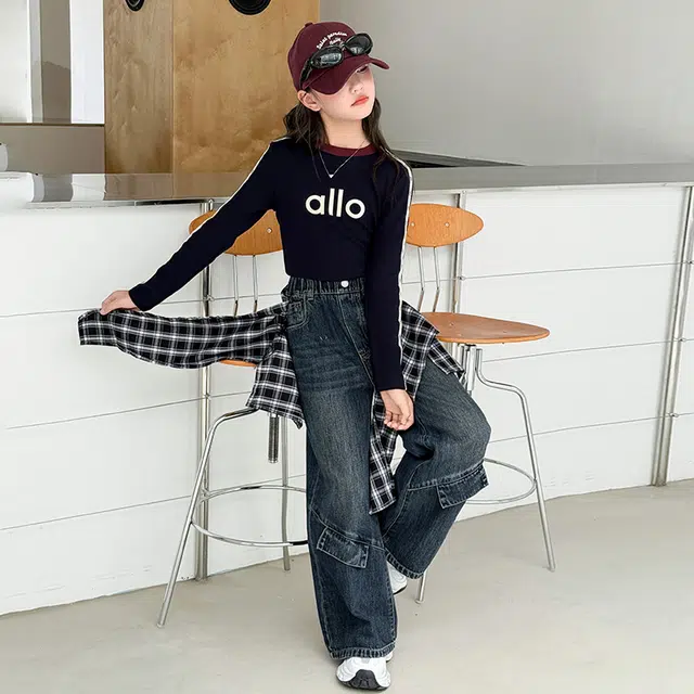 天才小熊休闲运动套装 女童春秋季印花拉条牛仔裤大童潮牌小孩衣服 小女孩短袖洋气时髦 舒适帅气轻便