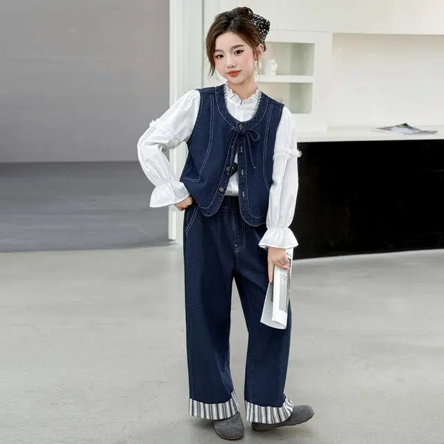 天才小熊休闲运动套装 女童春秋季牛仔马甲直筒裤大童潮牌小孩衣服 可爱小女孩短袖洋气时髦潮流