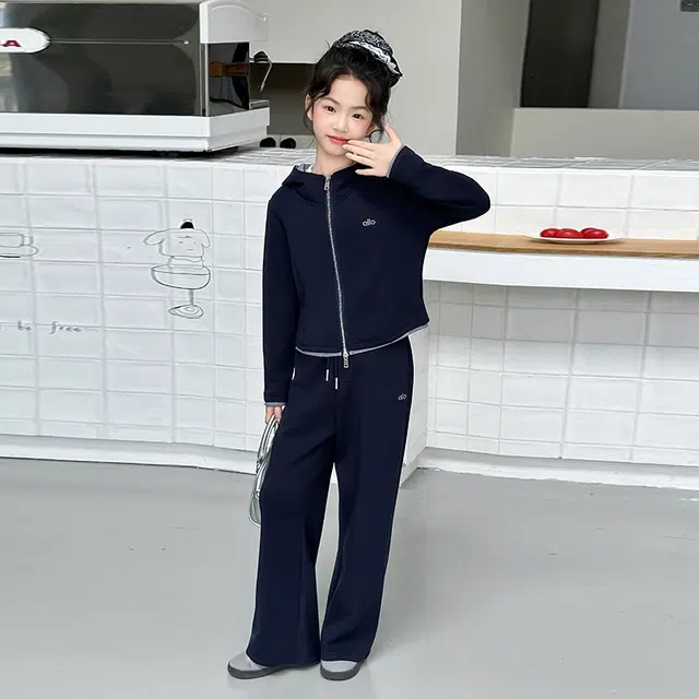 天才小熊休闲运动套装 女童春秋季拉链连帽拼色刺绣大童潮牌小孩衣服 小女孩短袖洋气时髦 舒适帅气轻便