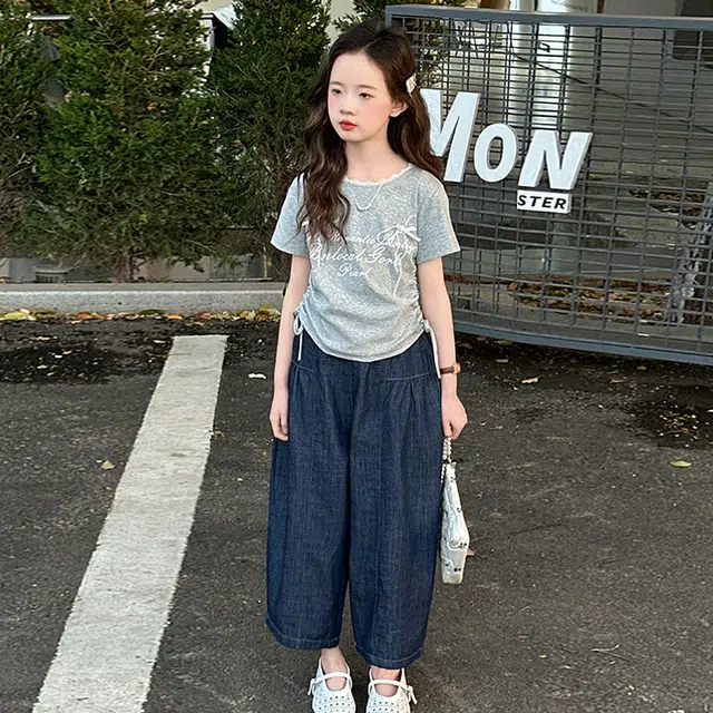 天才小熊休闲运动套装 女童夏季大童潮牌小孩衣服 小女孩短袖 蝴蝶结牛仔裤 洋气时髦 漂亮 甜美