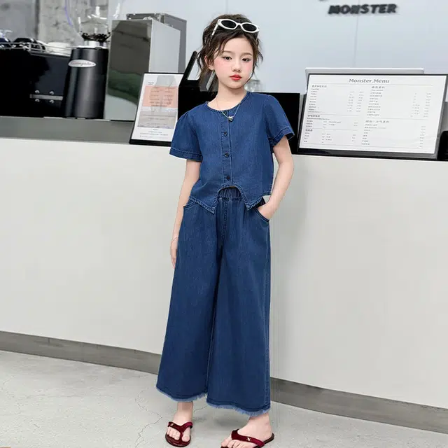 天才小熊休闲运动套装 女童夏季大童潮牌小孩衣服 小女孩 蕾丝牛仔 洋气时髦 漂亮 甜美舒适