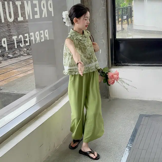 天才小熊休闲运动套装 女童夏季大童潮牌小孩衣服 小女孩碎花衬衣短袖洋气时髦 漂亮 甜美