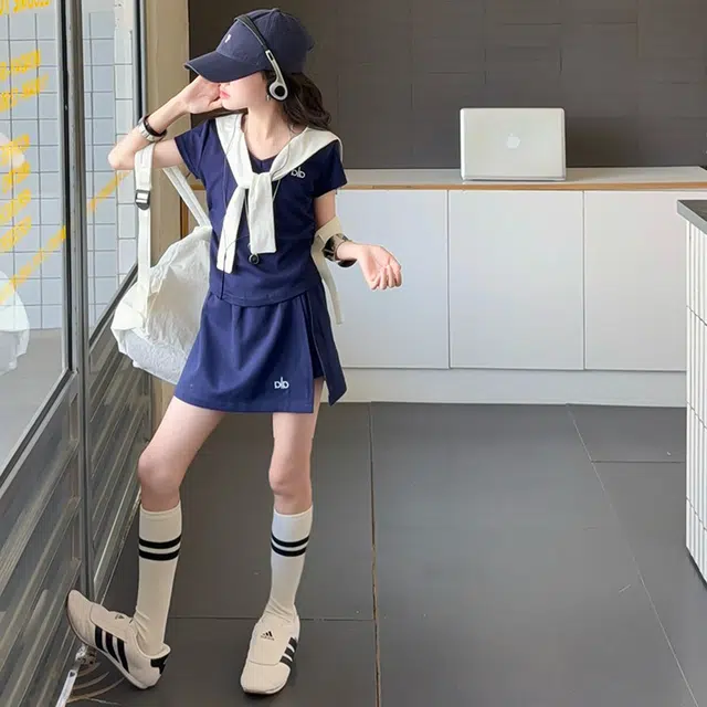 天才小熊休闲运动套装  女童春秋季披肩大童潮牌小孩衣服 小女孩短袖洋气时髦 舒适帅气轻便