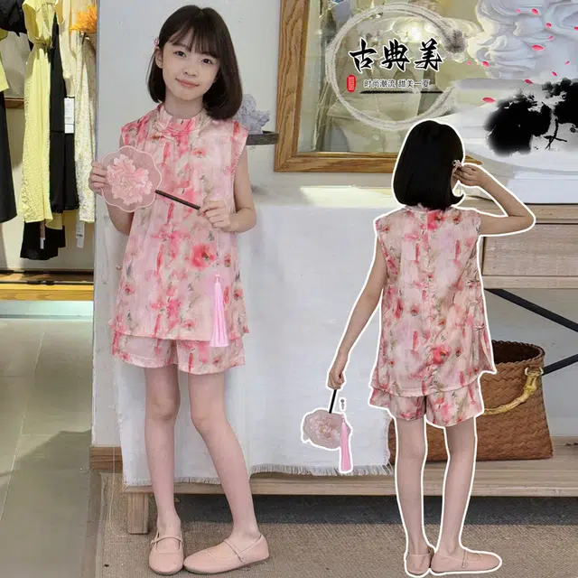 天才小熊汉服套装 女童夏季大童运动小孩衣服 小女孩 青少年花朵中国风洋气时髦 漂亮 甜美