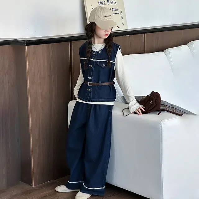 天才小熊休闲运动套装 女童春秋季牛仔马甲大童潮牌小孩衣服 小女孩短袖洋气时髦 舒适帅气轻便