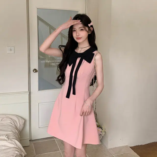 天才小熊 韩系淑女气质千金风蝴蝶结无袖连衣裙 女款