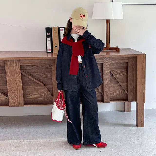 天才小熊休闲运动套装 女童春秋季披肩牛仔大童潮牌小孩衣服 小女孩短袖洋气时髦 舒适帅气轻便