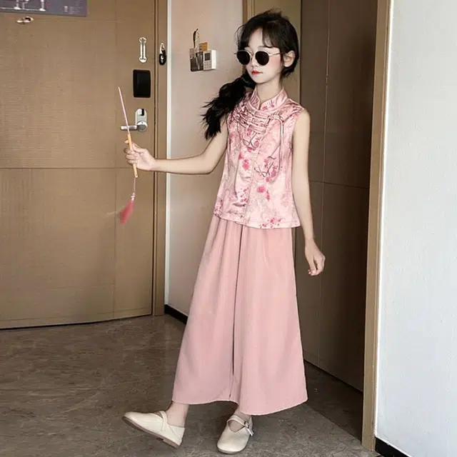 天才小熊汉服套装 女童夏季大童运动小孩衣服 小女孩 青少年旗袍盘口中国风洋气时髦 漂亮 甜美