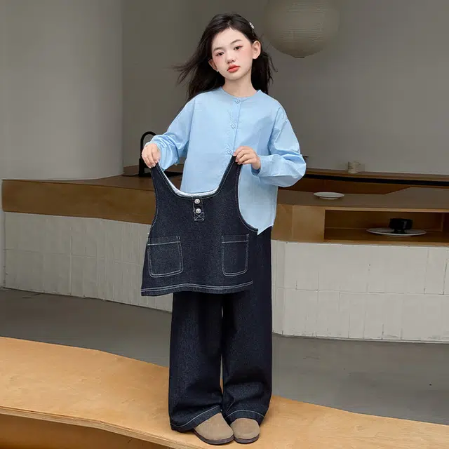 天才小熊休闲运动套装 女童春秋季牛仔马甲 大童潮牌小孩衣服 小女孩短袖洋气时髦 舒适帅气轻便