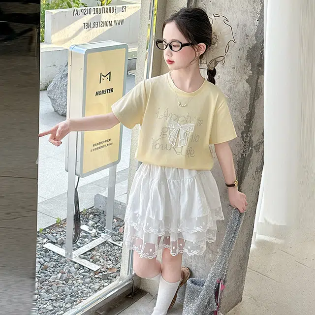 天才小熊休闲运动套装 女童夏季大童潮牌小孩衣服 小女孩蝴蝶结短袖洋气时髦 漂亮 甜美 儿童款