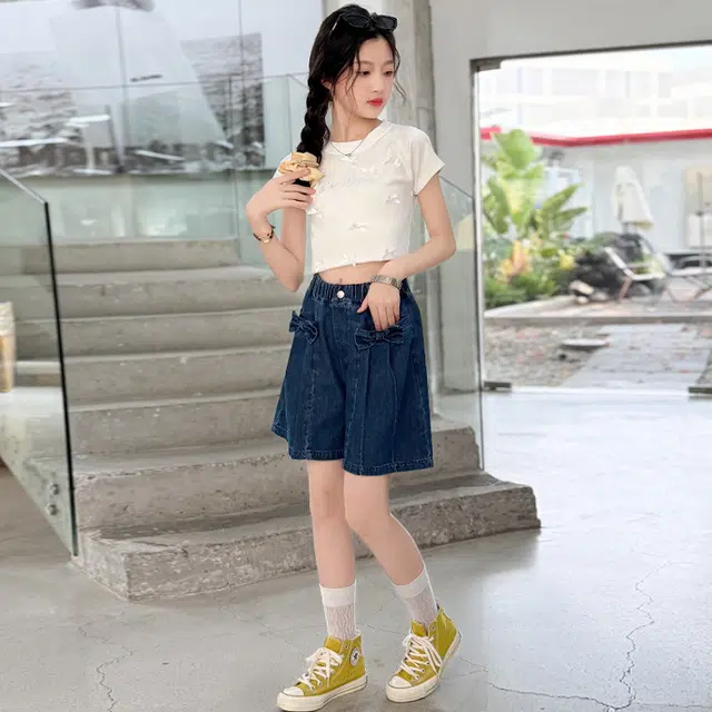 天才小熊女童夏季运动裤大童潮牌小孩衣服 青少年 净色蝴蝶结短裤 洋气时髦 韩版直筒板