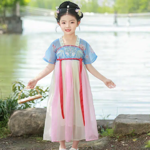 天才小熊汉服套装 女童夏季大童运动小孩衣服 小女孩 青少年蓝花香中国风洋气时髦 漂亮 甜美