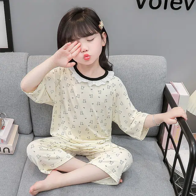 天才小熊家居服套装 女童夏季圆领花边小熊大童休闲小孩衣服 小女孩居家外穿 睡衣洋气时髦 漂亮 甜美