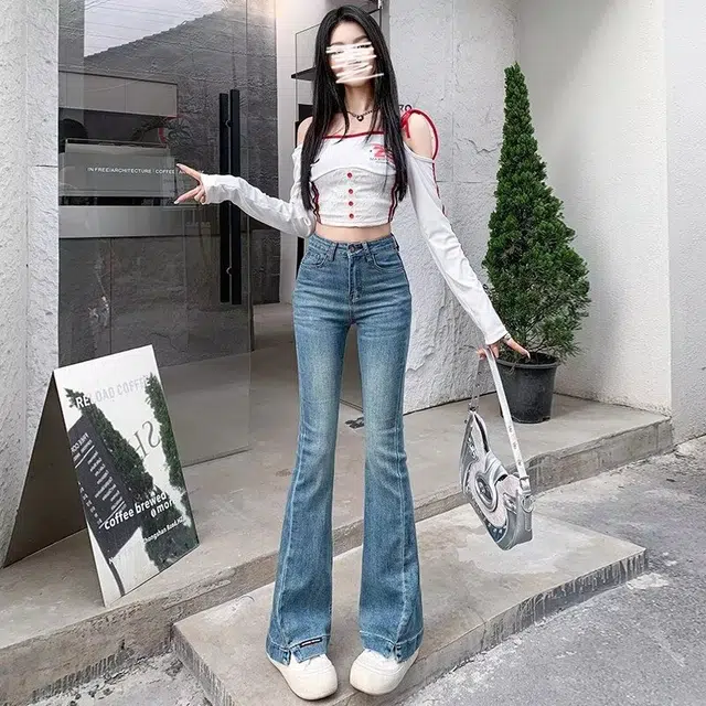 天才小熊 潮流时尚百搭复古开叉喇叭裤女修身弹力显瘦小个子微喇裤牛仔裤 女款