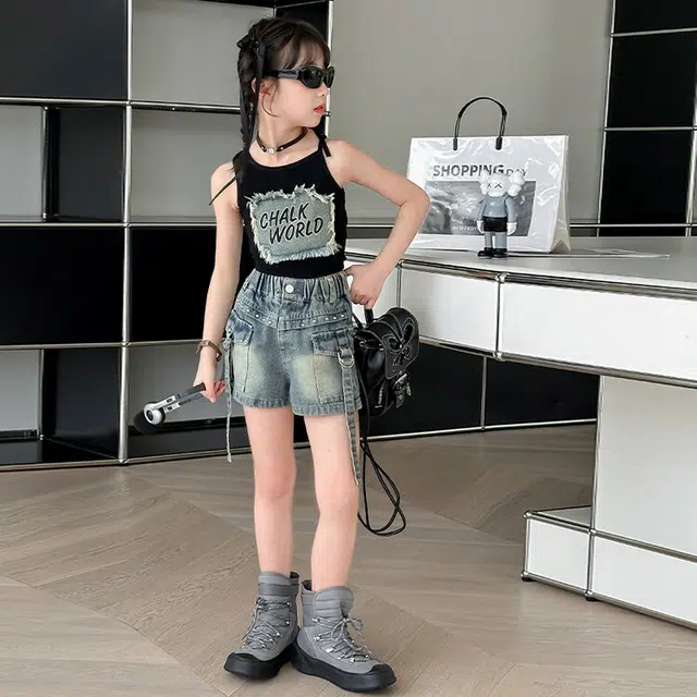 天才小熊休闲运动套装 女童夏季大童潮牌小孩衣服 小女孩 短袖 牛仔短裤洋气时髦 漂亮 甜美 