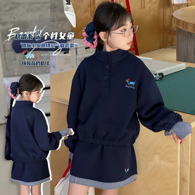 天才小熊休闲运动套装 女童春秋季刺绣狗大童潮牌小孩衣服 小女孩短袖洋气时髦 舒适帅气轻便