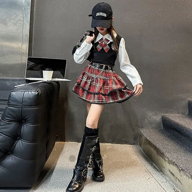 天才小熊休闲运动套装 女童春秋季红领结大童潮牌小孩衣服 小女孩短袖洋气时髦 舒适帅气轻便