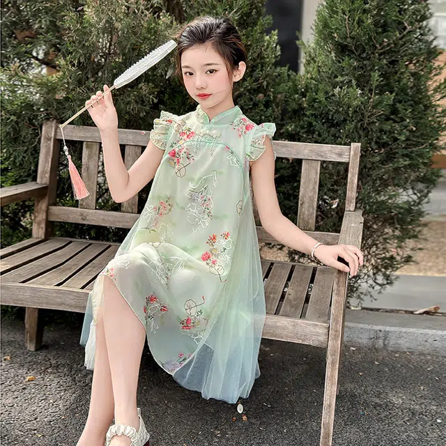 天才小熊汉服 女童夏季大童运动小孩衣服 小女孩 青少年蝴蝶中国风旗袍洋气时髦 漂亮 甜美 青少年