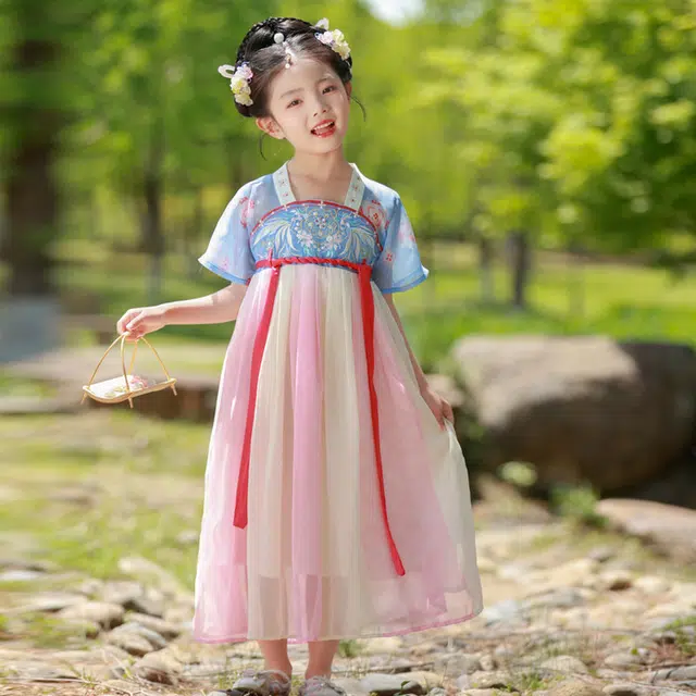 天才小熊汉服套装 女童夏季大童运动小孩衣服 小女孩 青少年蓝花香中国风洋气时髦 漂亮 甜美