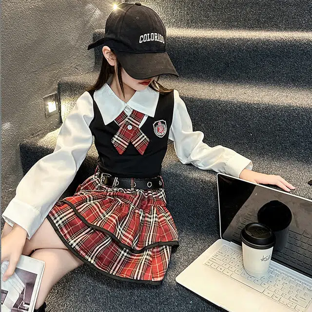 天才小熊休闲运动套装 女童春秋季红领结大童潮牌小孩衣服 小女孩短袖洋气时髦 舒适帅气轻便