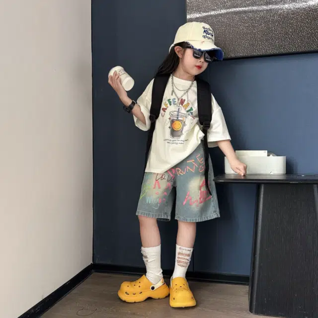 天才小熊休闲运动套装 女童夏季大童潮牌小孩衣服 小女孩短袖 牛仔 洋气时髦 漂亮 甜美