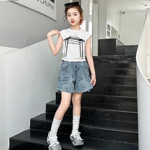 天才小熊休闲运动套装 女童夏季大童潮牌小孩衣服 小女孩 短袖 印花牛仔短裤 洋气时髦 漂亮 甜美 儿童款