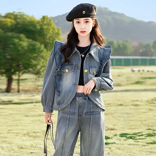 天才小熊休闲运动套装 女童春秋季牛仔大童潮牌小孩衣服 小女孩短袖洋气时髦 舒适帅气轻便