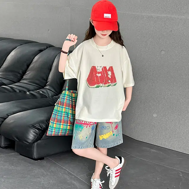 天才小熊休闲运动套装 女童夏季大童潮牌小孩衣服 小女孩西瓜猫咪数码印花 短袖洋气时髦 漂亮 甜美