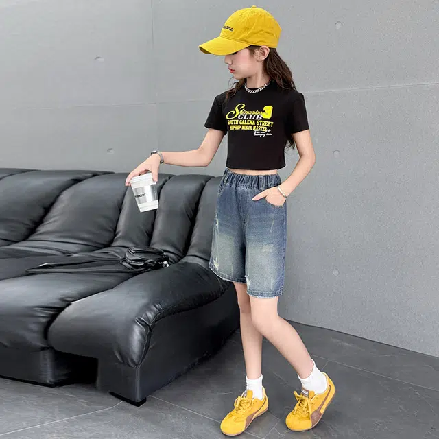 天才小熊女童夏季运动裤大童潮牌小孩衣服 青少年 破洞牛仔短裤  洋气时髦 韩版直筒板儿童运动裤 青少年