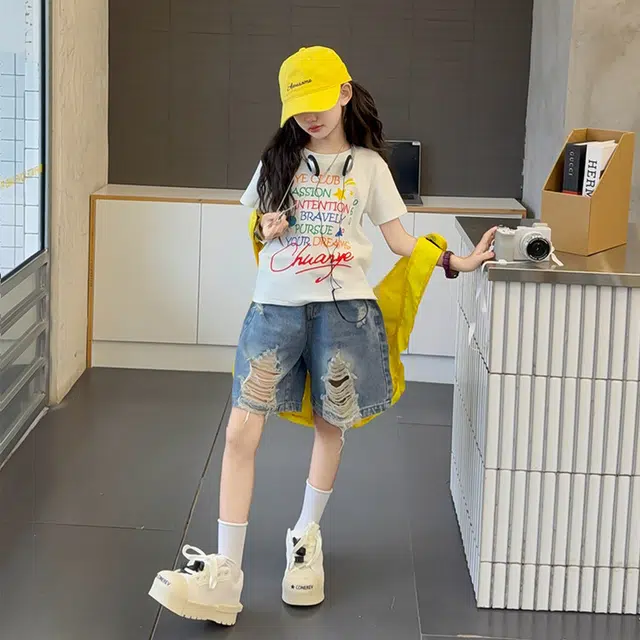 天才小熊休闲运动套装 女童夏季大童潮牌小孩衣服 小女孩印花短袖洋气时髦 漂亮 甜美