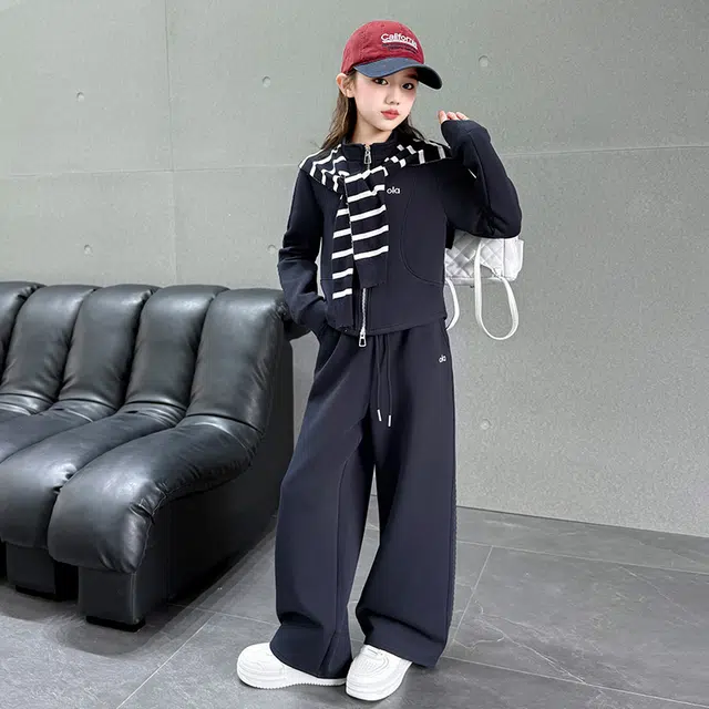 天才小熊休闲运动套装 女童春秋季浮雕立领条纹披肩针织大童潮牌小孩衣服 小女孩短袖洋气时髦 舒适帅气轻便