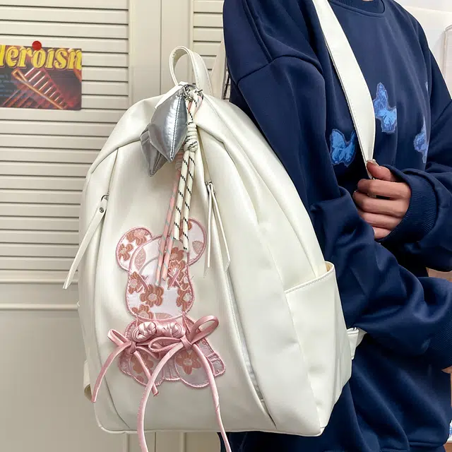 天才小熊 简约森系 学生书包 初中生 经典时尚小众设计 高级感 休闲拉链开合 百搭学院风 尼龙布 双肩包 常规 米色国风熊