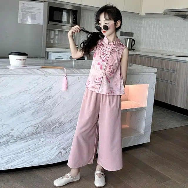 天才小熊汉服套装 女童夏季大童运动小孩衣服 小女孩 青少年旗袍盘口中国风洋气时髦 漂亮 甜美