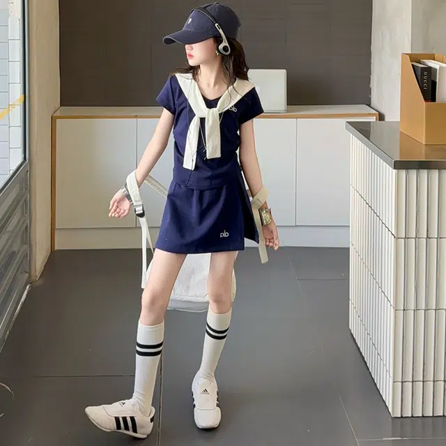 天才小熊休闲运动套装  女童春秋季披肩大童潮牌小孩衣服 小女孩短袖洋气时髦 舒适帅气轻便