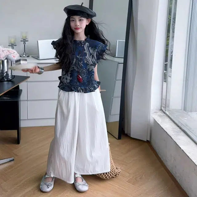 天才小熊休闲运动套装 女童夏季大童潮牌小孩衣服 小女孩碎花短袖洋气时髦 漂亮 甜美 时尚