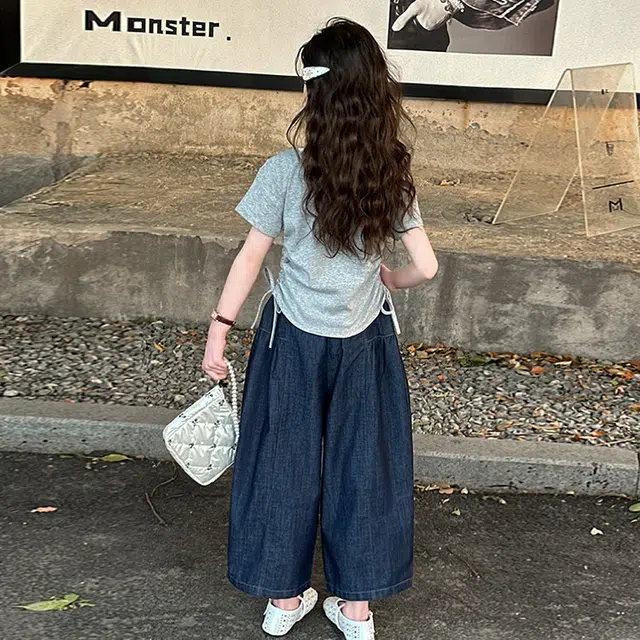 天才小熊休闲运动套装 女童夏季大童潮牌小孩衣服 小女孩短袖 蝴蝶结牛仔裤 洋气时髦 漂亮 甜美